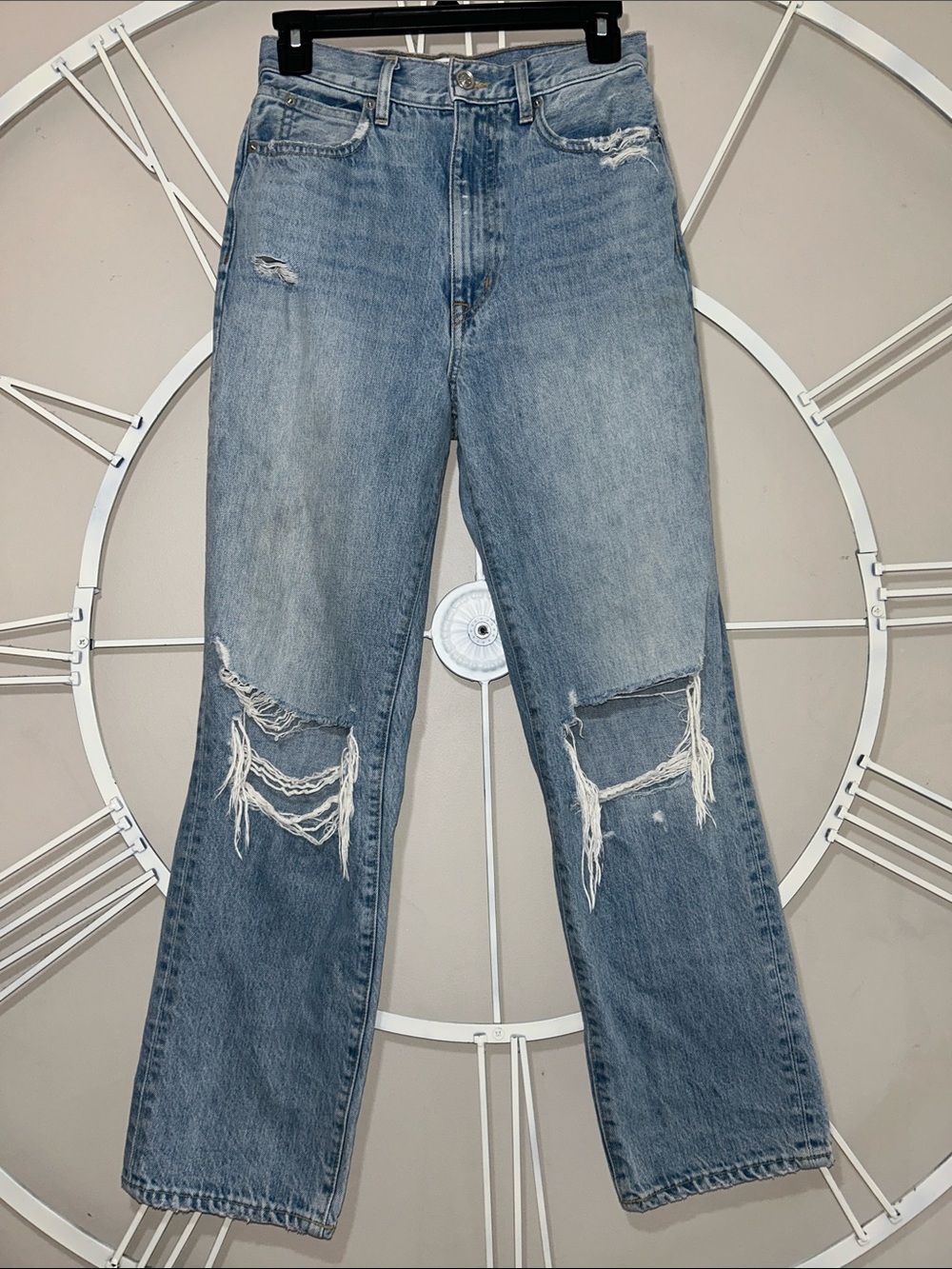 SLVRLAKE High-Rise Distressed Straight-Leg Boyfriend Jeans in Light Blue